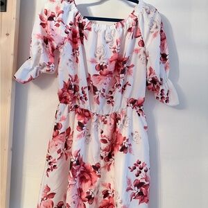 Girls White Floral Off-Shoulder Dress with Pink Roses